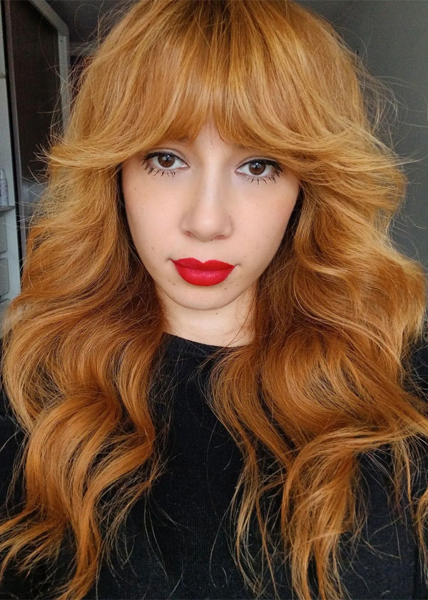 50 Beautiful Long Shag Haircuts for Effortless Style : Fiery Copper Shag with Full Bangs