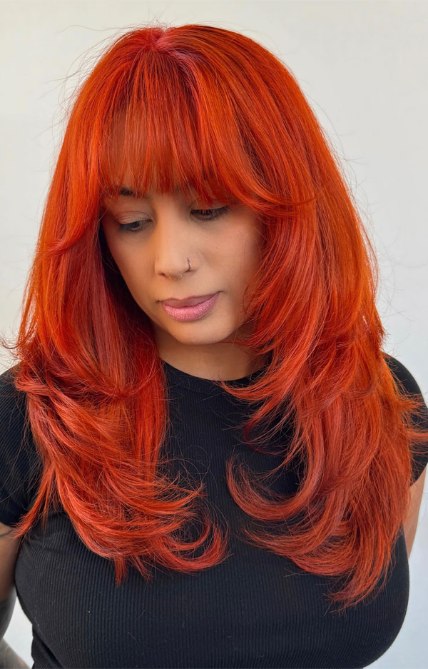 37 Stunning Voluminous Long Layered Haircuts : Fiery Red Layers with Full Bangs