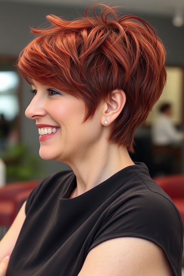 50 Pixie Hair Colour Ideas for Women Over 50 : Fiery Red Pixie with Textured Layers