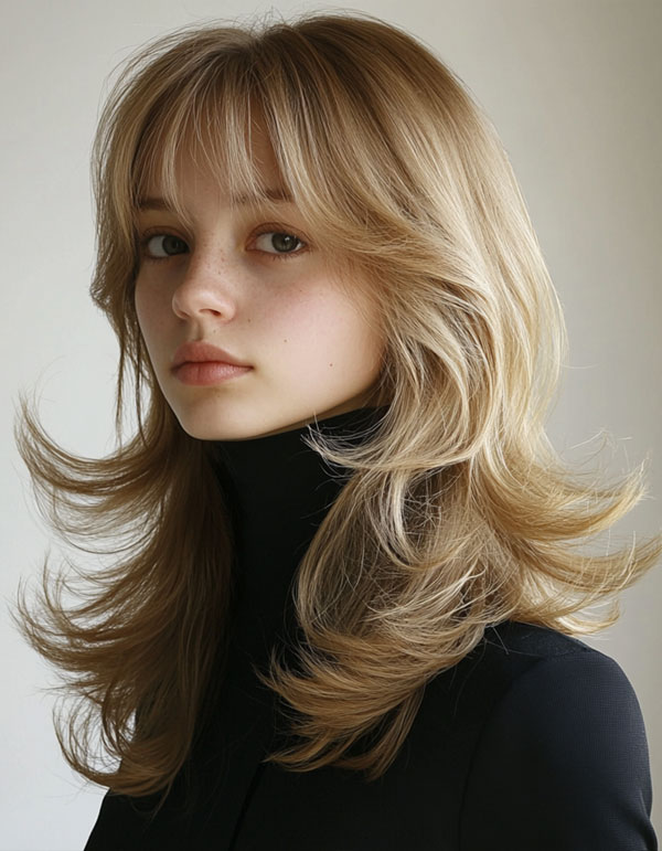 39 Flattering Medium Hairstyles Perfect for Thin Hair : Flipped Layered Shag with Curtain Bangs