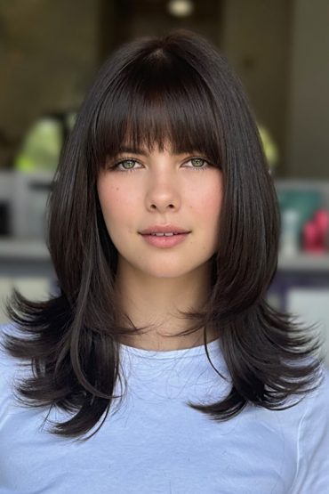 35 Trending Medium Layered Haircuts : Flipped-out Layers With Blunt Bangs