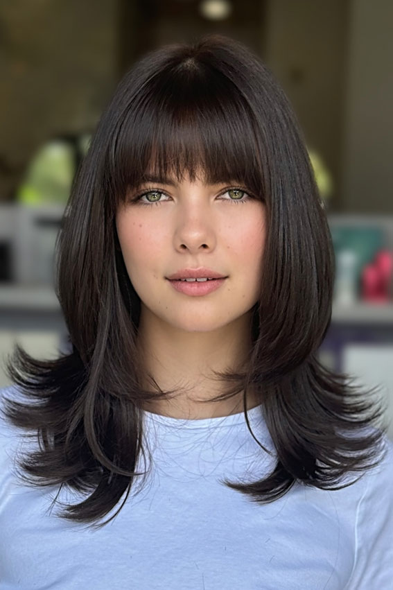 Flipped-Out Layers with Blunt Bangs, Trending Medium Layered Haircuts, medium length layered haircut, medium length layered hairstyle