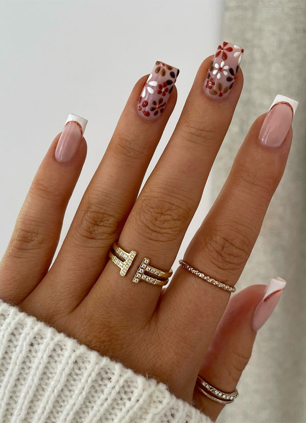 30 Trendy Fall Nails to Inspire Your Cozy Season Look : Floral Autumn Delight