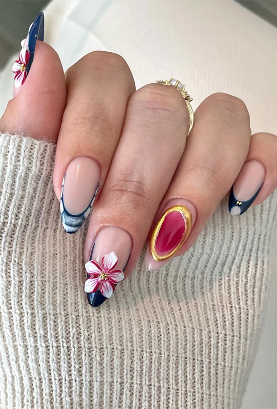 Floral and Marble with Bold Accents, Autumn Nail Designs, almond nails, fall nail design, mix n match autumn nails