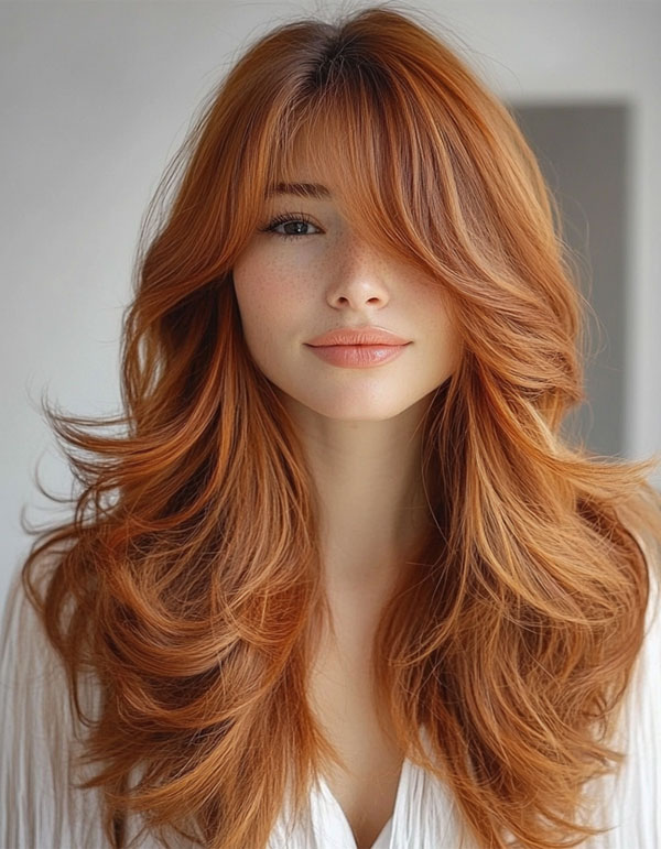 25 Cute Pumpkin Hair Colour Ideas for Fall : Flowing Pumpkin Spice Layers