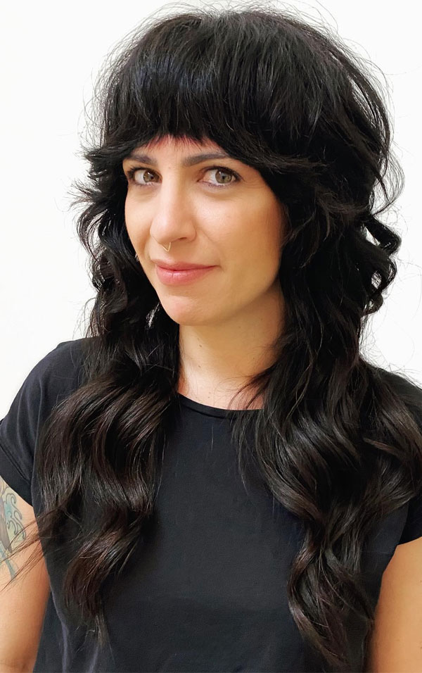 50 Beautiful Long Shag Haircuts for Effortless Style : Glossy Black Shag with Piecey Bangs