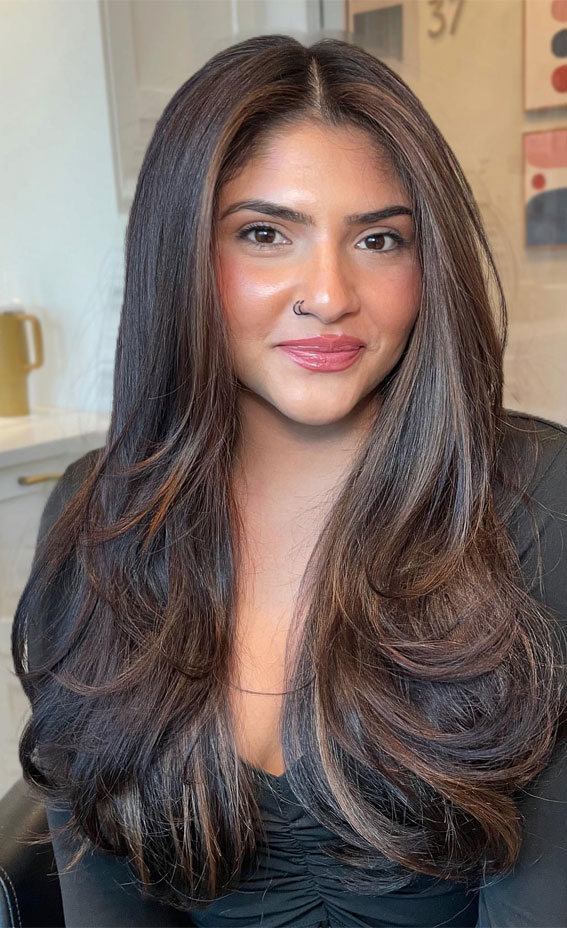 Glossy Brown Layers with Subtle Face-Framing, Long Layered Hairstyle to Enhance Straight Hair, long layered haircut for straight hair, long layers, long layered haircut