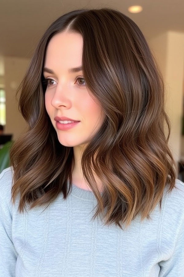 50 Wavy Lob Haircuts for Effortless Glamour : Glossy Chestnut Wavy Lob