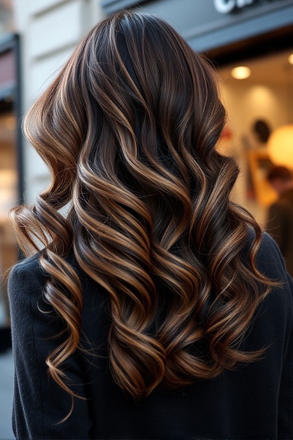 Glossy Chocolate Curls with Highlights, Gorgeous Hair Colours for the Fall Season, autumn hair colour, fall hair color