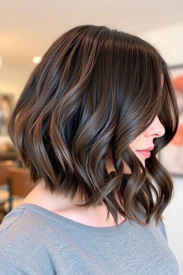 Glossy Espresso Long Bob Waves,  Wavy Lob Haircut, Long Bob hairstyle