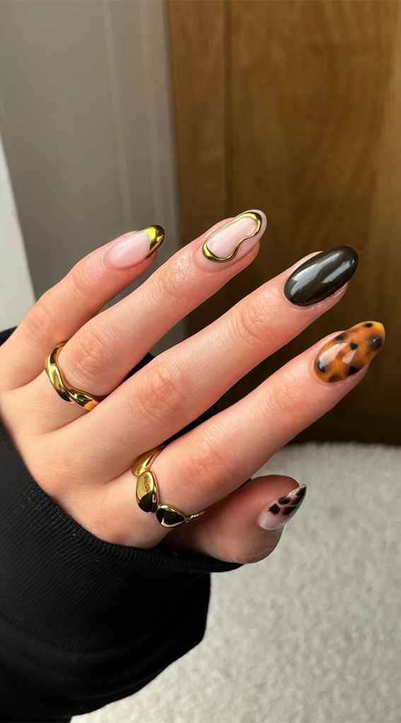 Glossy Neutrals with Gold and Tortoiseshell Accents, Autumn Nail Designs, almond nails, fall nail design, mix n match autumn nails