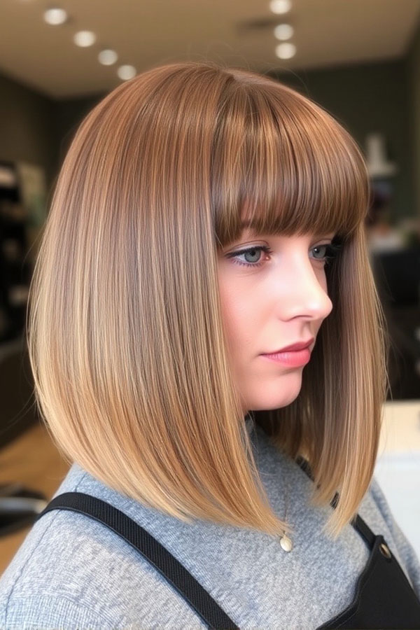 25 A-Line Haircuts to Personalize Your Style: Golden Blonde Blunt Bob with Bangs