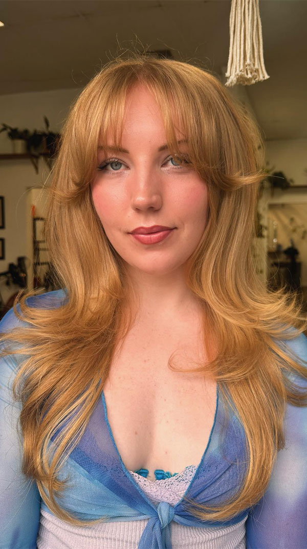 Golden Blonde Layers with Feathered Bangs, Long Layered Hairstyle to Enhance Straight Hair, long layered haircut for straight hair, long layers, long layered haircut