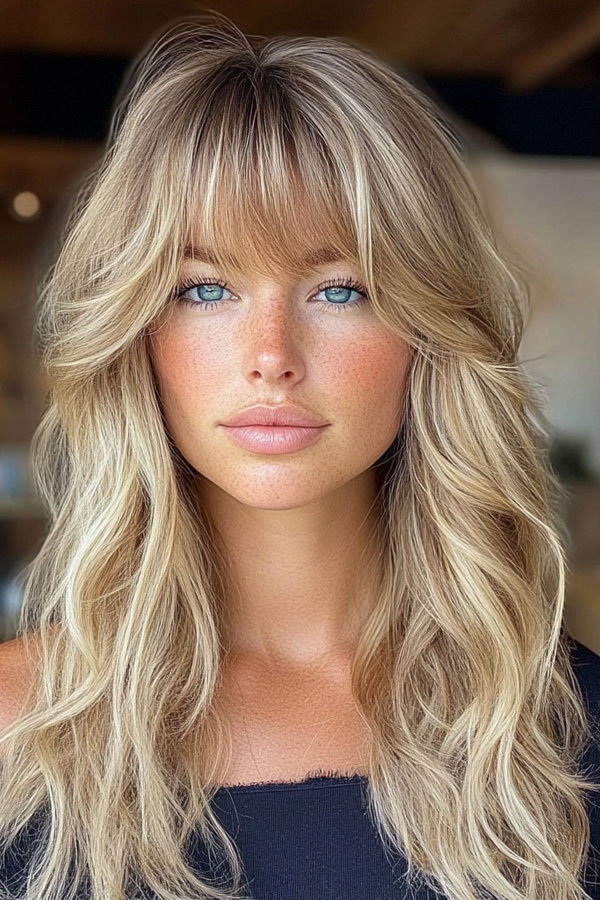 50 Beautiful Long Shag Haircuts for Effortless Style :  Golden Blonde Shag with Curtain Bangs