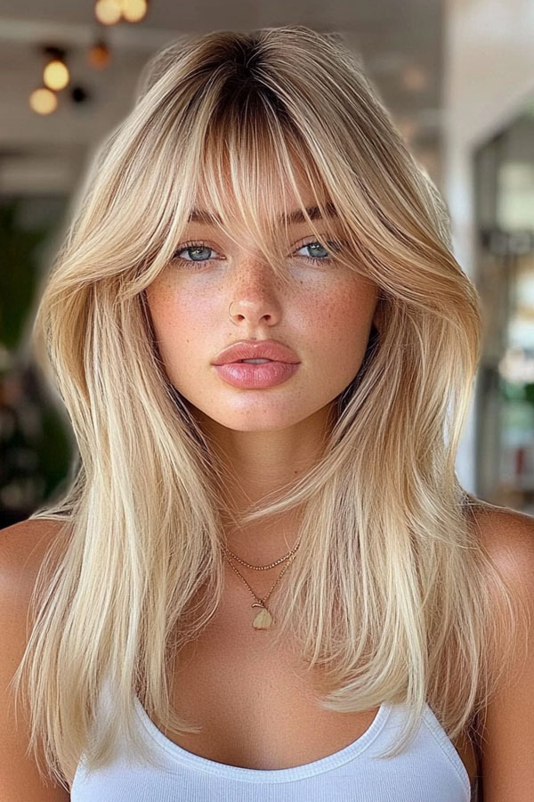 35 Trendy Long Straight Haircuts To Try Now : Golden Blonde Shag with Curtain Bangs