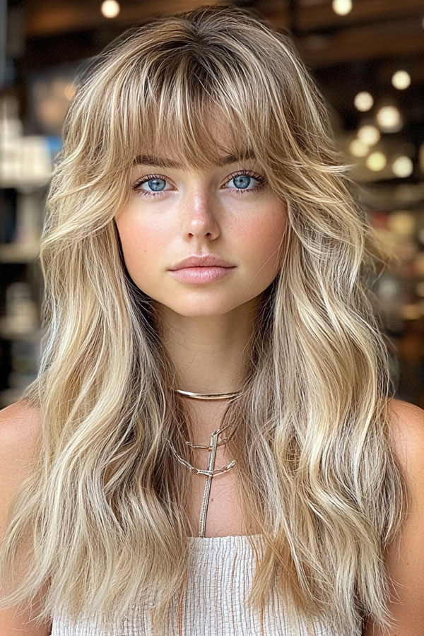 50 Beautiful Long Shag Haircuts for Effortless Style : Golden Blonde Shag with Piecey Bangs