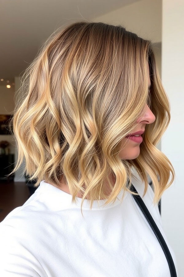 Golden Blonde Textured Lob, Wavy Lob Haircut, Long Bob hairstyle