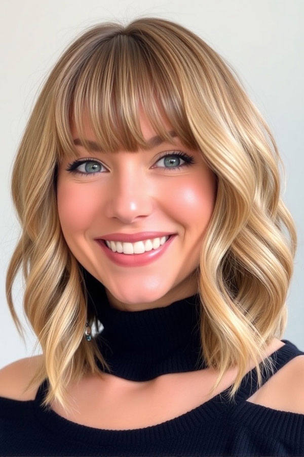 Golden Blonde Wavy Lob with Full Bangs, , Wavy Lob Haircut, Long Bob hairstyle