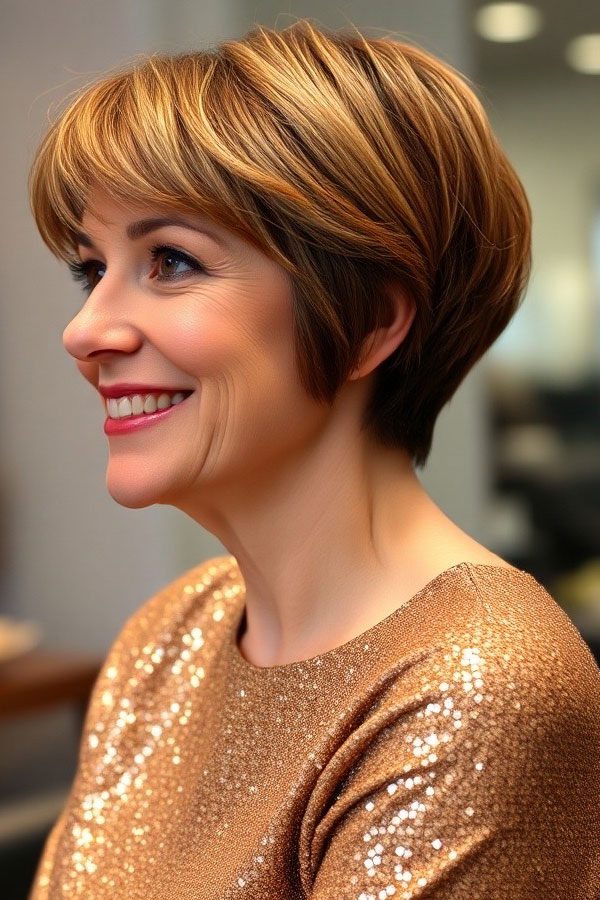 50 Pixie Hair Colour Ideas for Women Over 50 : Golden Brown Pixie with Sunlit Highlights