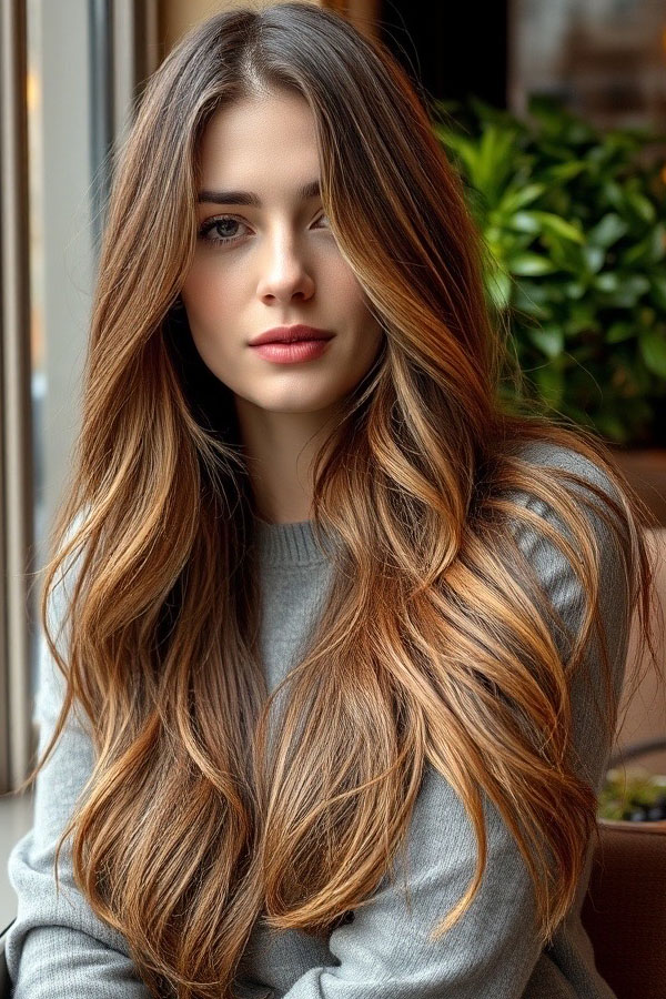 53 Gorgeous Hair Colours for the Fall Season : Golden Chestnut Long Waves