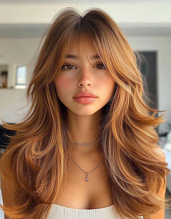 Golden Honey Layers with Curtain Bangs, trendsetting Short Layer Cuts on Long Hair, Short Layer Haircuts on Long Hair, layered haircut, short layered haircut on long hair