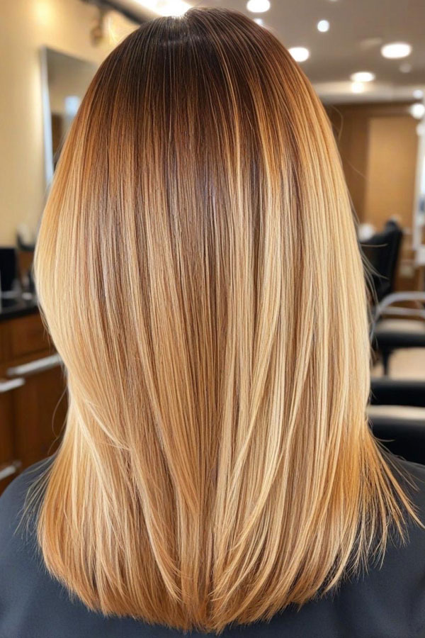 Golden Honey Ombre Straight Mid-Length Haircut, autumn hair colour, fall hair color