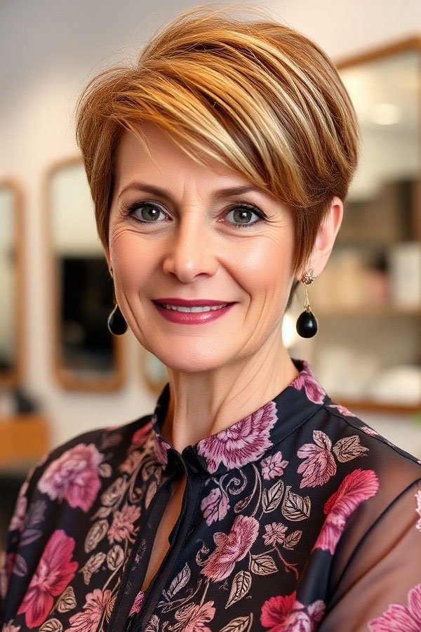 50 Pixie Hair Colour Ideas for Women Over 50 : Golden Honey Pixie with Highlights