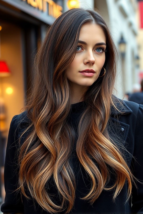 50 Must-Try Autumn Hair Colours : Golden Mocha Balayage Long Hair