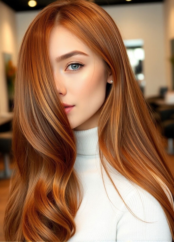 25 Cute Pumpkin Hair Colour Ideas for Fall : Golden Pumpkin Long Hair