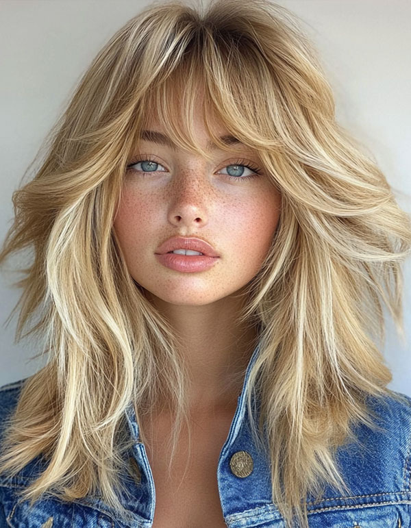 35 Trendy Long Straight Haircuts To Try Now : Golden Shaggy Layers with Wispy Bangs