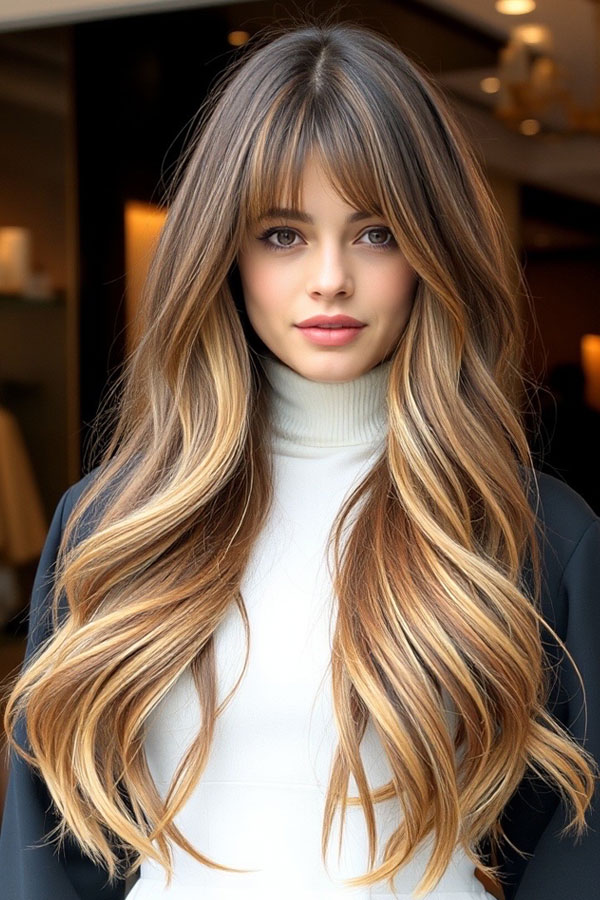 Golden Sun-Kissed Waves, long layered haircut with bangs, voluminous long layered haircut, long layered hairstyle