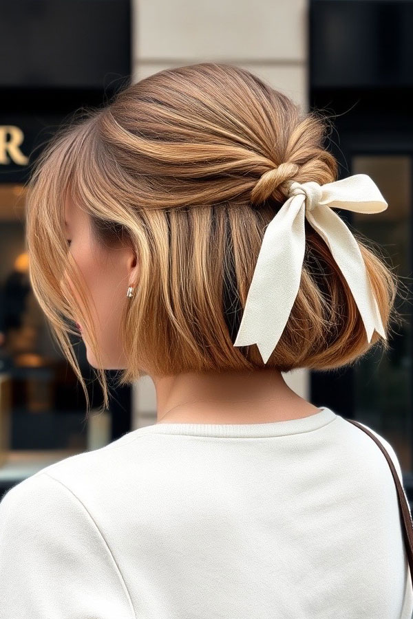 Half Up Bow-Tied Bob Perfection, cute hairstyle for everyday, easy hairstyle, effortless hairstyle