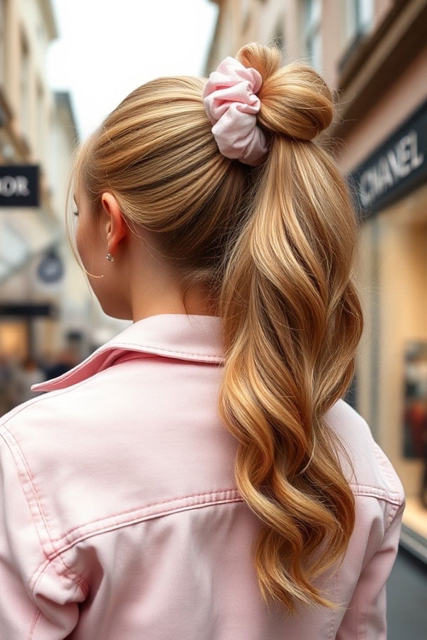 40 Ponytail Hairstyles for an Instant Hair Upgrade : High Ponytail with a Soft Pink Scrunchie