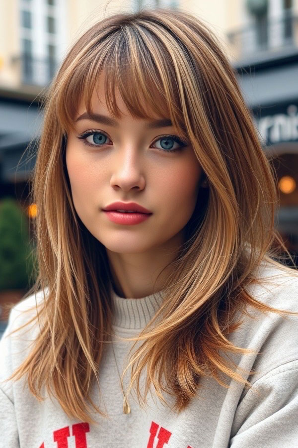 39 Flattering Medium Hairstyles Perfect for Thin Hair : Honey-Blonde Layered Long Bob with Feathered Bangs