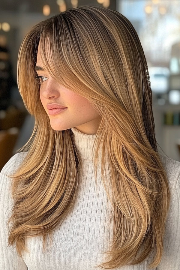 35 Trendy Long Straight Haircuts To Try Now : Honey Blonde Layers with Face-Framing Curtain Bangs