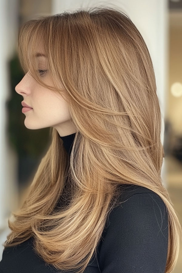 Honey Blonde Layers with Side-Swept Bangs, Trendy Long Straight Haircut