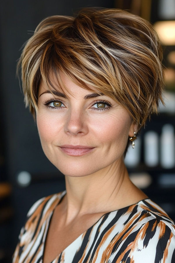 50 Trendy Pixie Haircuts For Women Over 50 : Honey Blonde Pixie with Highlights