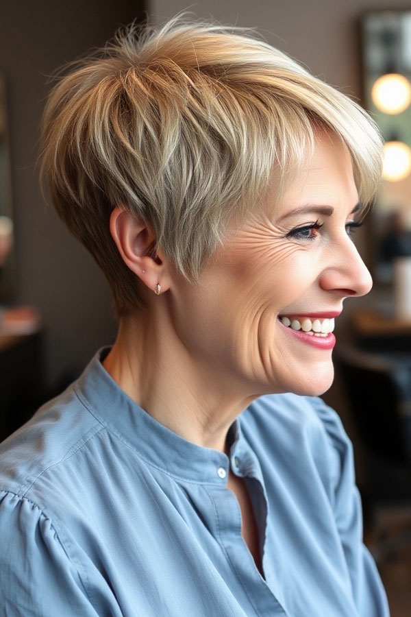 Honey Blonde Pixie with Soft Layers, pixie hair color idea, pixie haircut, pixie hair color