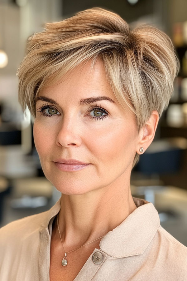 Honey Blonde Pixie with Volume, pixie hair color idea, pixie haircut, pixie hair color