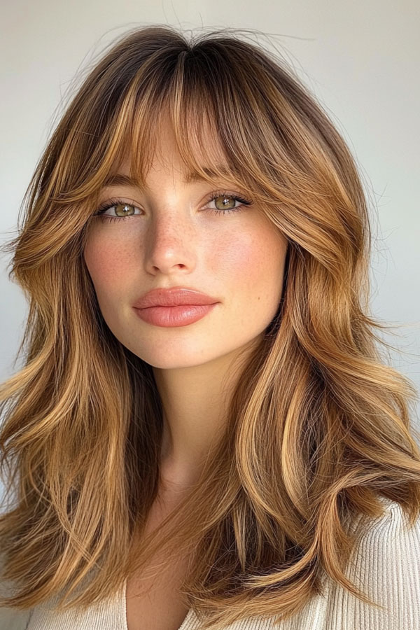 50 Fall Hair Colors to Light Up the Season : Honey Blonde Waves with Soft Curtain Bangs