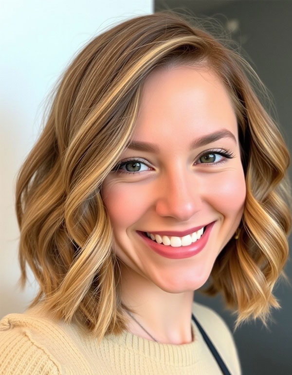 Honey Blonde Wavy Lob with Soft Layers , Wavy Lob Haircut, Long Bob hairstyle