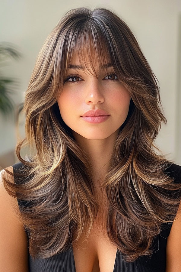 50 Trendsetting Short Layer Cuts on Long Hair : Honey Bronde Layers with Wispy Bangs