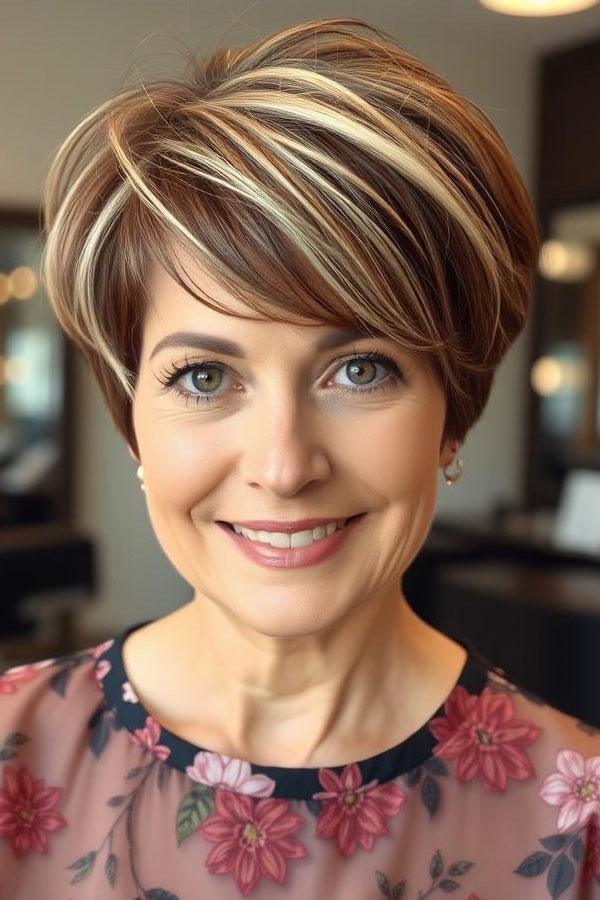 Honey Highlights on a Voluminous Pixie, pixie hair color idea, pixie haircut, pixie hair color