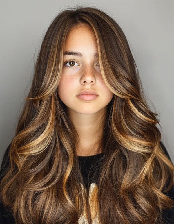 Honey Highlights with Flowing Layers, long layered haircut with curtain bangs, voluminous long layered haircut, long layered hairstyle