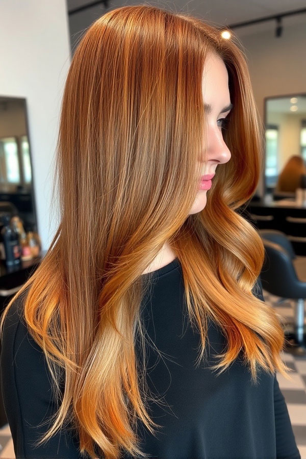 25 Cute Pumpkin Hair Colour Ideas for Fall : Honey Pumpkin Dimensional Effect