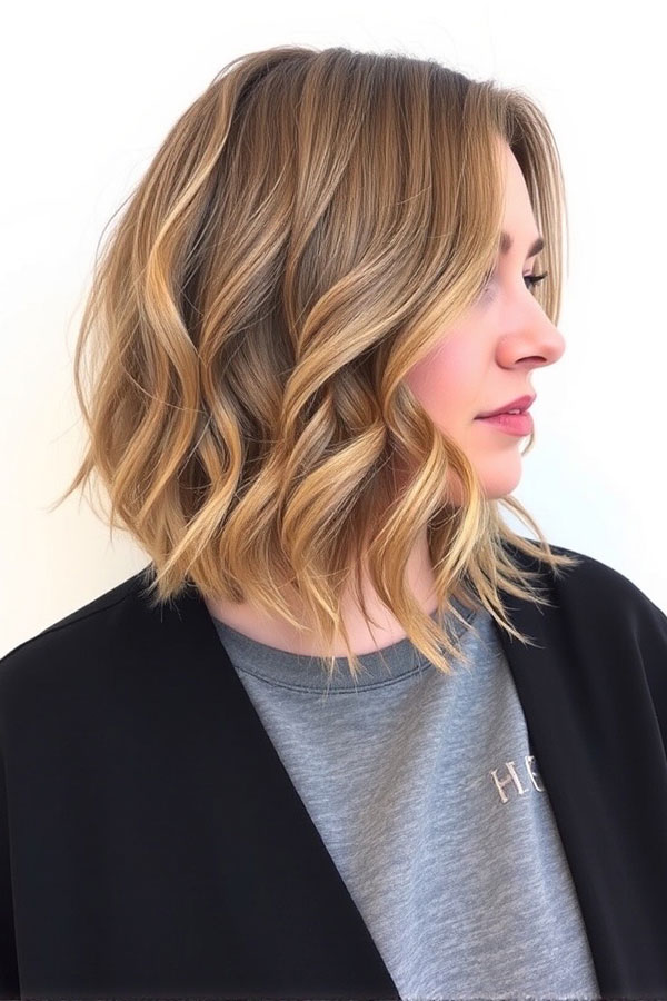 50 Wavy Lob Haircuts for Effortless Glamour : Honey-Toned Wavy Lob