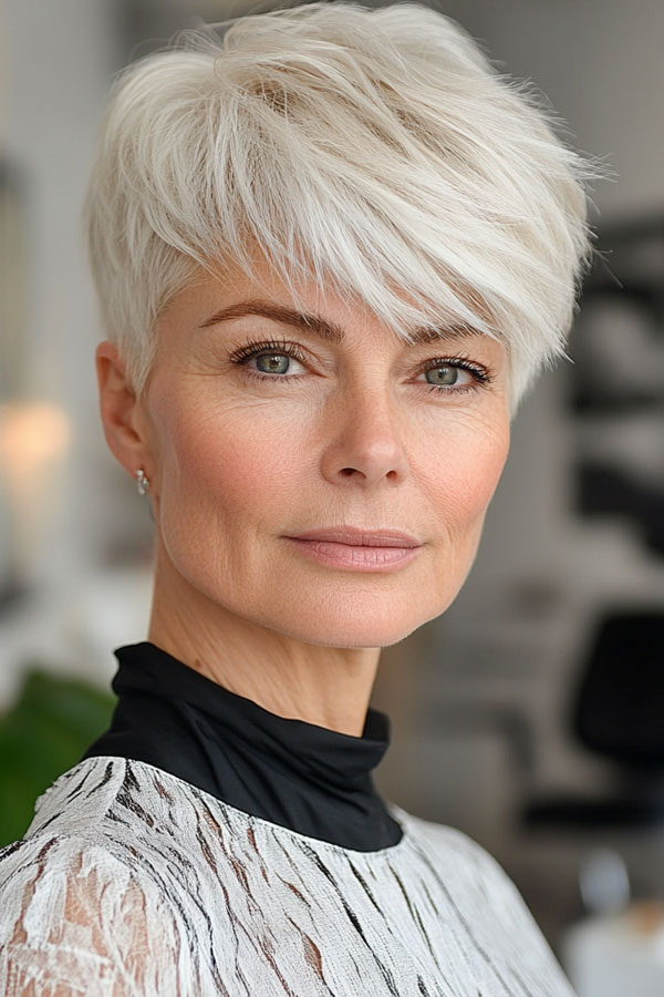 Icy Blonde Choppy Pixie Haircut For Women Over 50