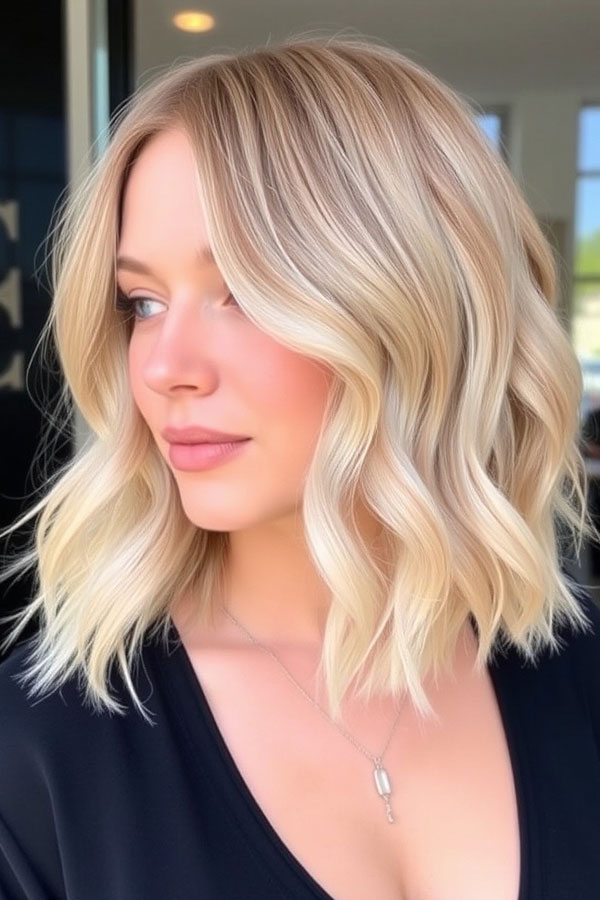 50 Wavy Lob Haircuts for Effortless Glamour : Icy Blonde Wavy Lob