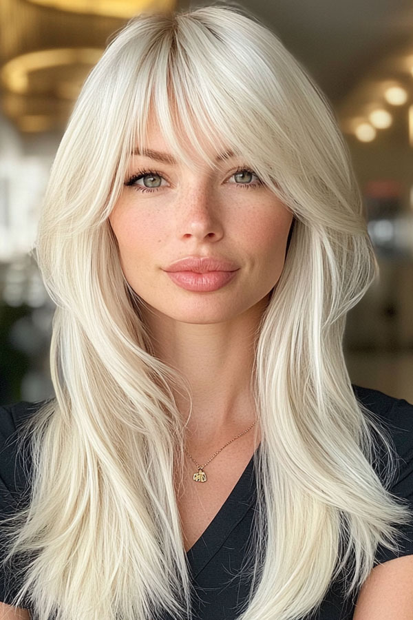 35 Trendy Long Straight Haircuts To Try Now : Icy Platinum Long Layers with Soft Fringe