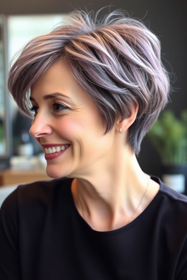 50 Pixie Hair Colour Ideas for Women Over 50 : Lavender Gray Pixie with Voluminous Layers